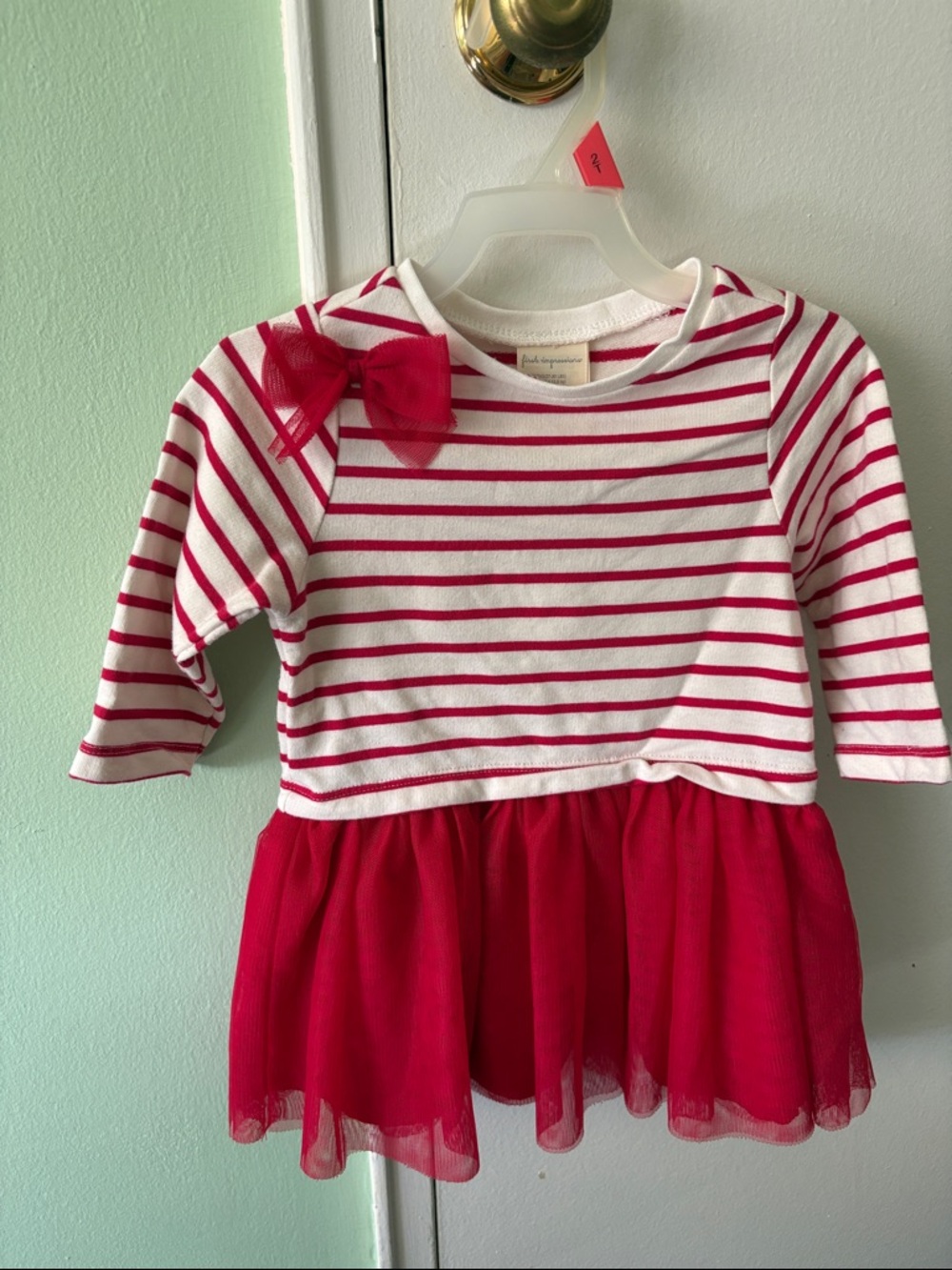 Striped White & Red Toddler Dress with Tulle Skirt, 24M